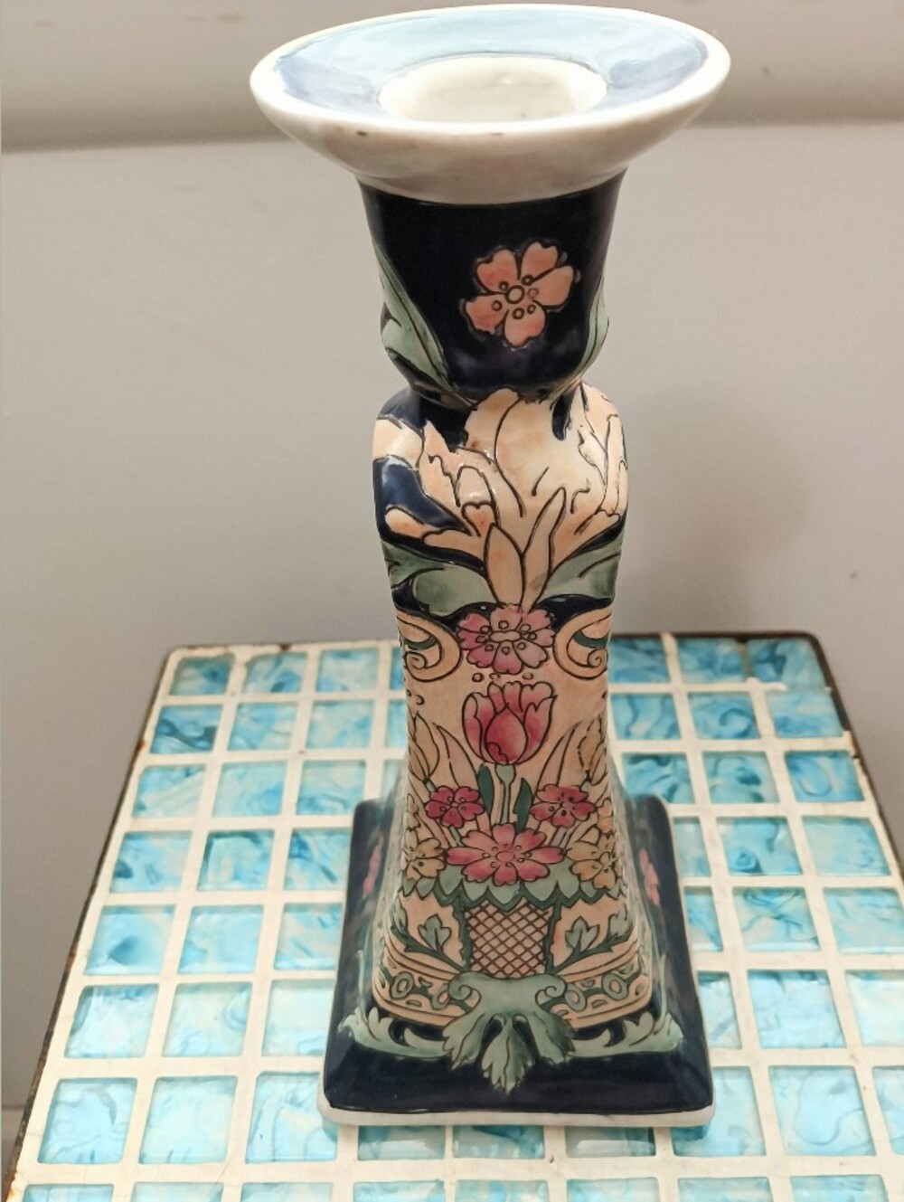 Vintage Hand Painted Navy Floral Ceramic Porcelain Chinoiserie Candle Holder